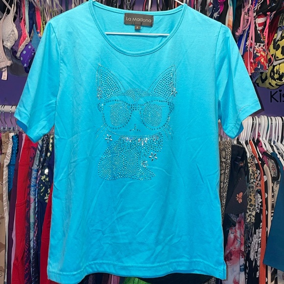 La Madonna teal tshirt with silver jewelry beads cat on front very fancy style - Picture 1 of 6